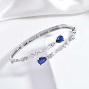 Brass Bangle Bracelet Pear Cut Blue Cubic Zirconia Claw Setting Rhodium Plated Geometric Luxury Sparkly Unisex Trendy Party