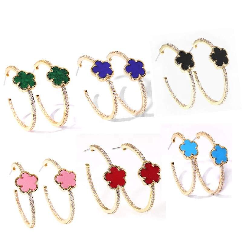 Custom Jewelry ODM OEM JIACHEN Geometric Classic Shell Coral Turquoise Black Onyx Stone 18K Gold Plated Hoop Fashion Earrings