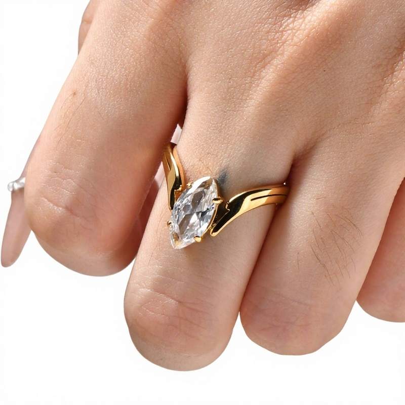 Custom Jewelry Stainless Steel Marquise Cut CZ Stone Electroplated Unisex Light Luxury High-End Feeling Fashion Jewelry Ring