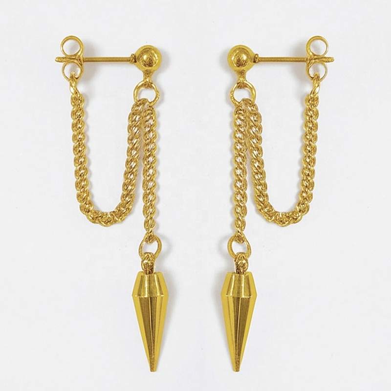Distinctive Long Geometric Zircon Stud Earrings Stainless Steel Gold Plated Simple Rivet Chain Trendy Orthodox Women's
