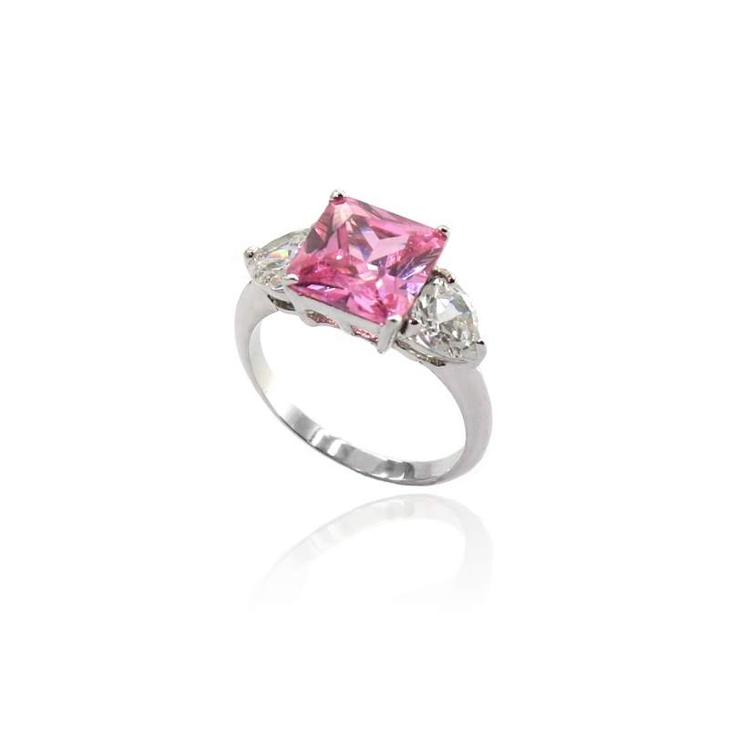 Elegant Pink Cushion Cut Cubic Zirconia Geometric Wedding Engagement Ring for Women Rhodium Plated Copper Classic Custom Jewelry