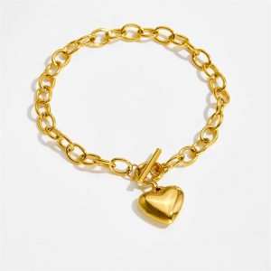 European American Trendy Stainless Steel Heart Pendant Charm Bracelet Set Women's Gold-color Plated Anniversary Bezel