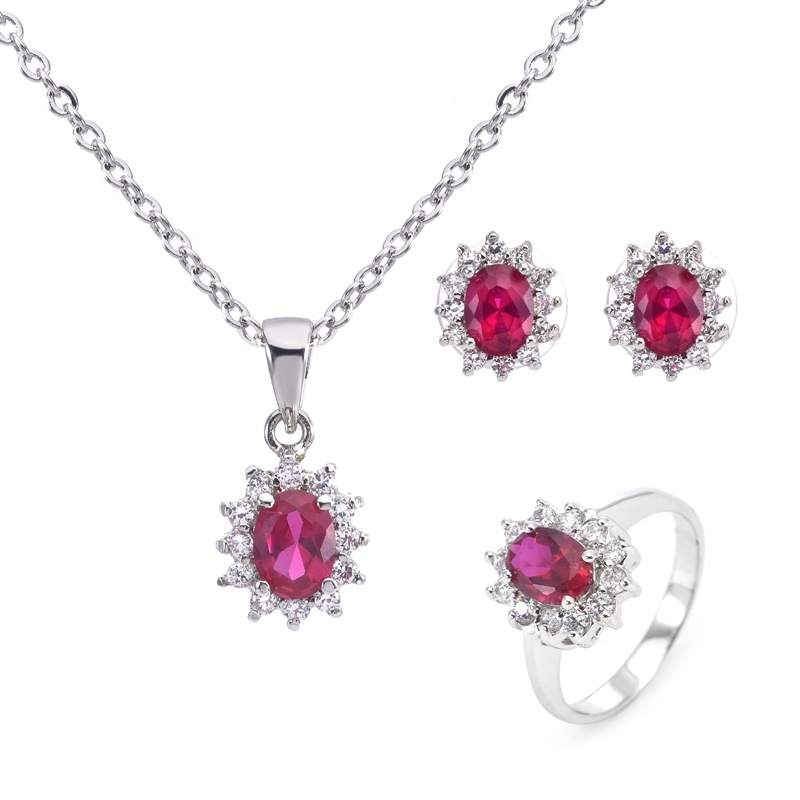 Fashion Colorful Oval Shape Brass Ring/Pendant/Earring Sets Rhodium Plated Engagement Wedding Party Gifts for Women