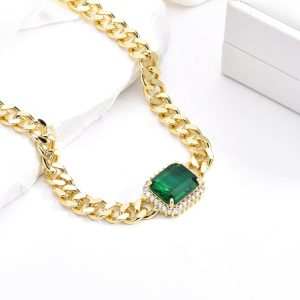 Fashion Jewelry18k Gold Plated Curb Chain Rectangle Shape 3AEmerald Nano Cubiczircornia Stone Necklace Surte Wedding PartyCusto