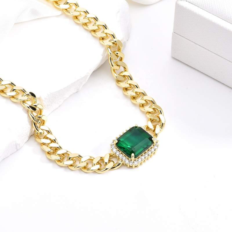Fashion Jewelry18k Gold Plated Curb Chain Rectangle Shape 3AEmerald Nano Cubiczircornia Stone Necklace Surte Wedding PartyCusto