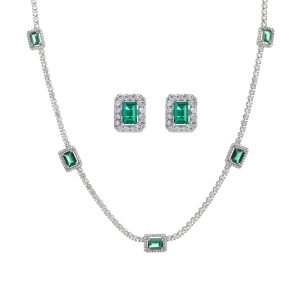 Fashion Zircon Square Shape Earring Necklace Set Engagement Wedding Party Gifts for Women Rhodium Plated