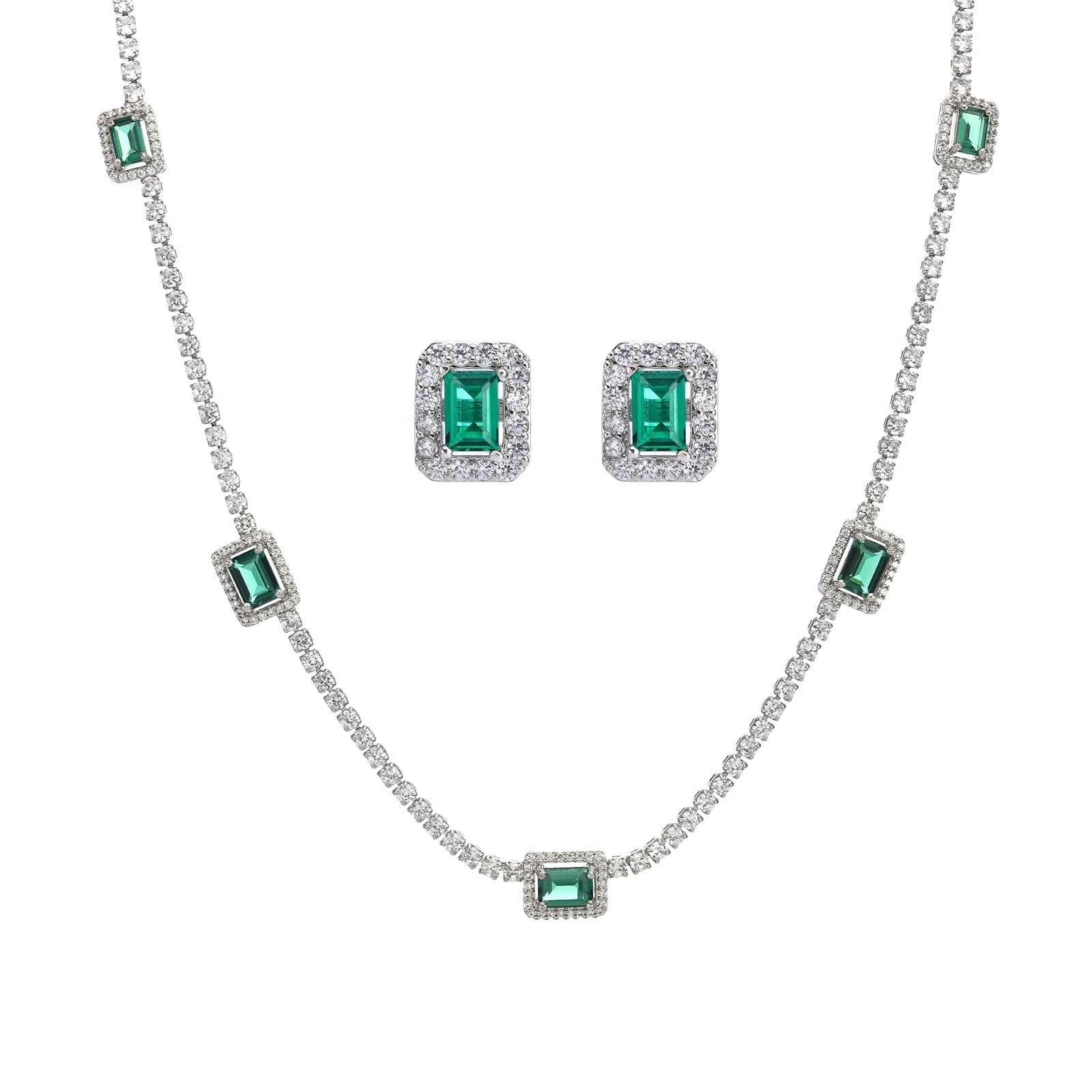Fashion Zircon Square Shape Earring Necklace Set Engagement Wedding Party Gifts for Women Rhodium Plated