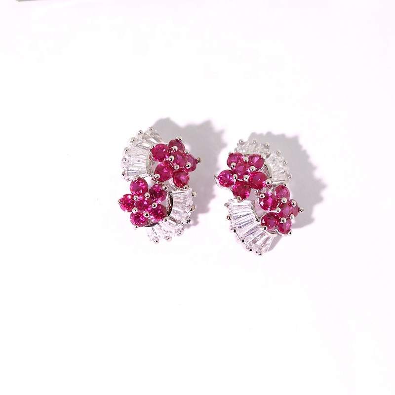 JCE-1417 Wholesale Luxury Ruby Classic Rhodium Plated Brass Flower Stud Earrings Unisex