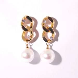 JIACHEN 18K Gold Plated Trendy Cuban Links Chain Drop14MM Pearl Earring Unisex