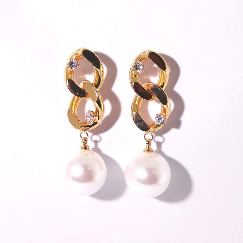 JIACHEN 18K Gold Plated Trendy Cuban Links Chain Drop14MM Pearl Earring Unisex