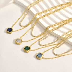 JIACHEN 3A Cubic Zirconia Geometric Necklace 18k Gold Plated Two-Row Cushion Pendant Fashionable Beads Chain Unisex Anniversary