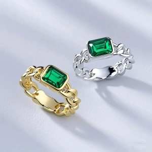 JIACHEN Custom Elegant Vintage Rhodium 18K Gold Plated Brass Lab Created Emerald Cut Quartz Bezel Setting Engagement Ring for