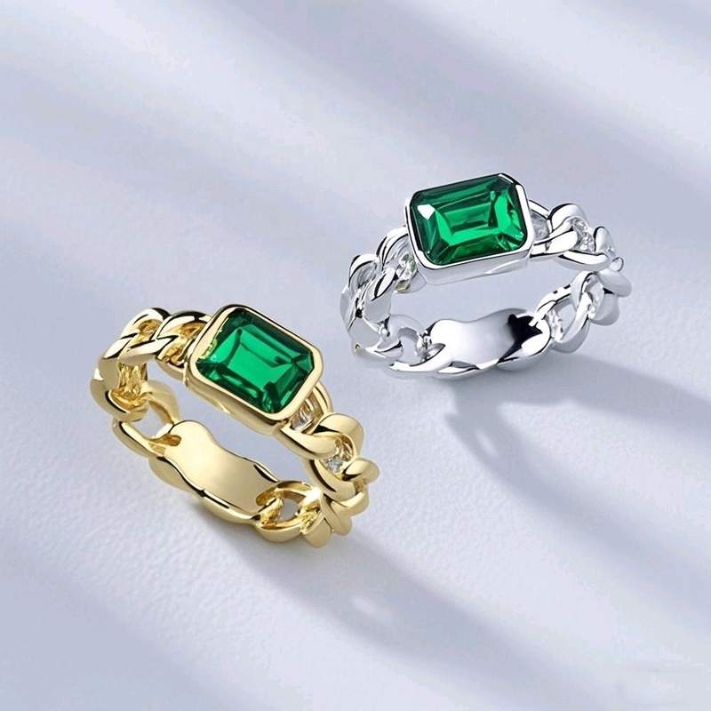 JIACHEN Custom Elegant Vintage Rhodium 18K Gold Plated Brass Lab Created Emerald Cut Quartz Bezel Setting Engagement Ring for
