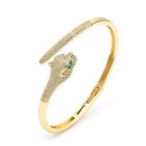 JIACHEN Custom Fashion Panther CZ Stones Cuff Bangle 18k Gold Plated for Women SuiteAnniversary, Engagement Gift Wedding Party O