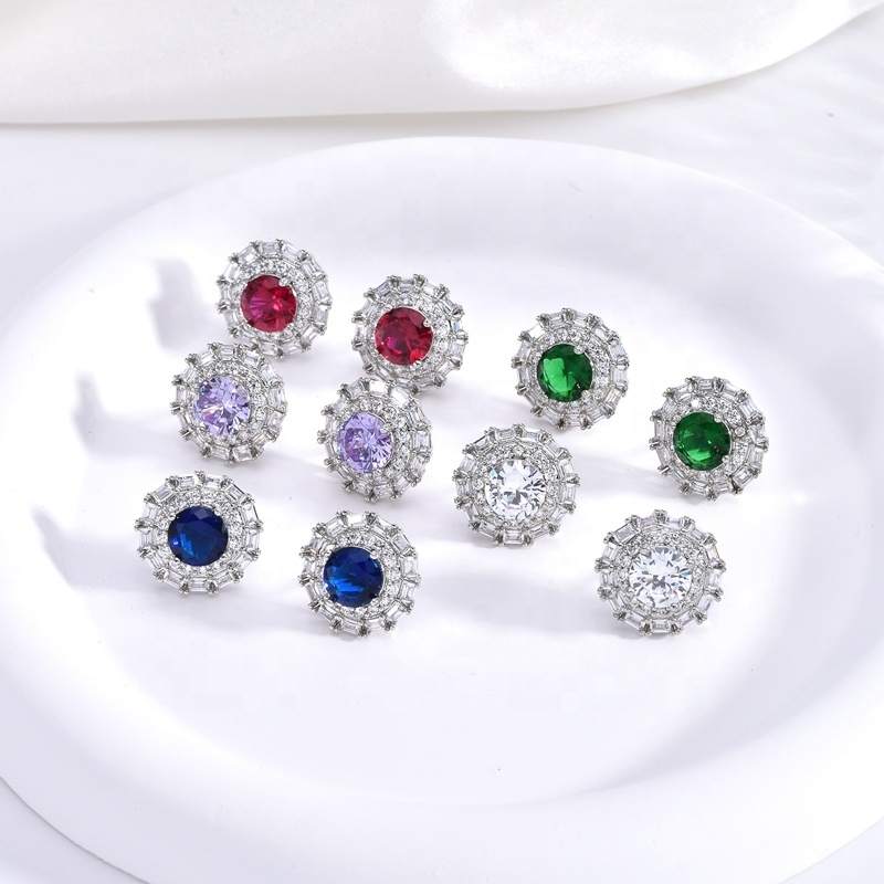 JIACHEN Custom Silver Round-Shaped Cubic Zirconia Studs Earring Suit New Fashion Colors Rhodium Plated for Wedding Gifts Parties