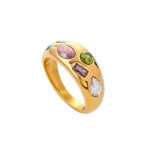JIACHEN Custom Stainless Steel 18K Gold Plated Modern Engagement Ring with Color Zircon Bezel Setting for Women