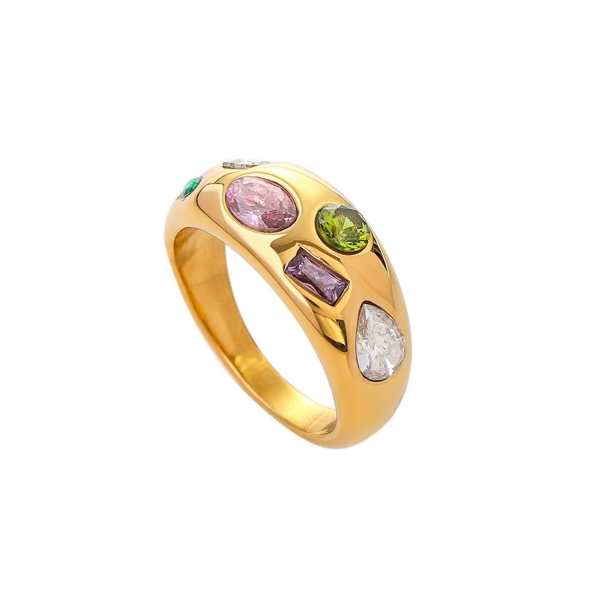 JIACHEN Custom Stainless Steel 18K Gold Plated Modern Engagement Ring with Color Zircon Bezel Setting for Women