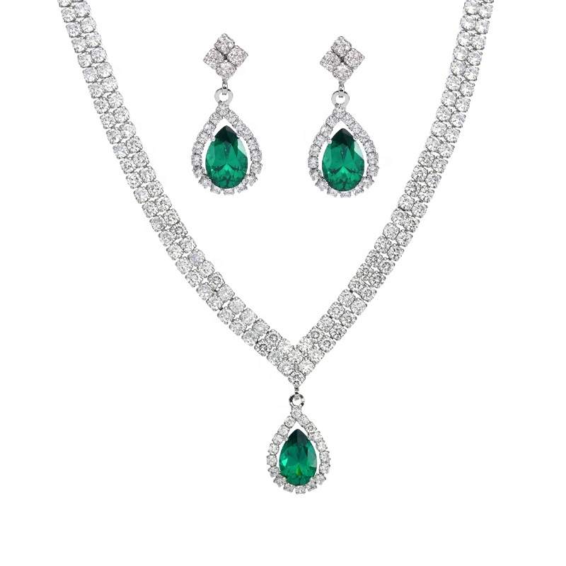 JIACHEN Custom Stainless Steel Jewelry Set 3A Colorful Zircon Rhodium Plated Necklace Earrings Engagement Wedding Party Gifts