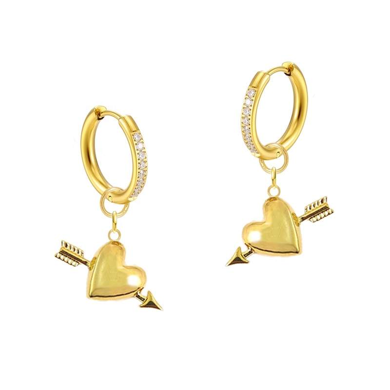 JIACHEN Customized Delicate Brass 18k Gold Plated Cute Cupid Arrow Heart Stud Earrings Unisex