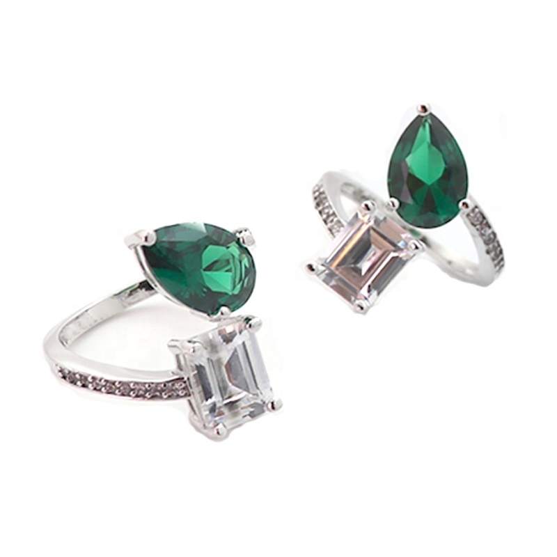 JIACHEN Luxury Brass Zircon Emerald Cut Rhodium Plated Orthodox Classic Geometric Claw Setting Open Adjustable Engagement Ring