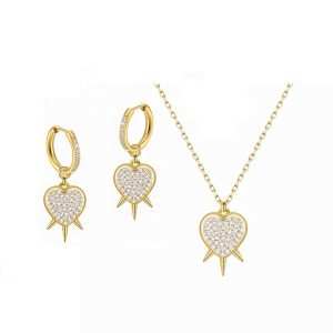 JIACHEN New Arrival Spikes Pave 3A Zircon Heart 18K Gold Plated Classic Wedding Party Pendant Necklace Hoop Dangle Earrings Girl