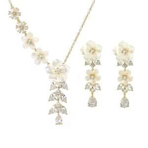 JIACHEN Trendy 18K Gold Plated Shell Zircon Nature Mother Pear Flower Drop Dangle Earrings Jewelry Set Claw Setting Orthodox