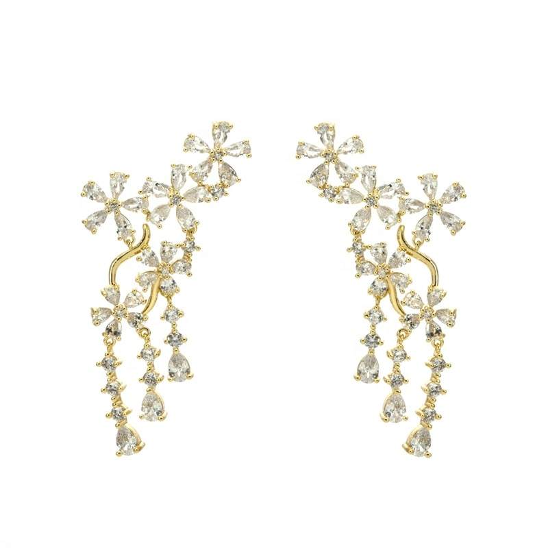 JIACHEN Wholesale 3A Zircon Flower Plant Drop Earrings 18K Gold Plated Brass Jewelry Claw Setting Unisex Orthodox Romantic