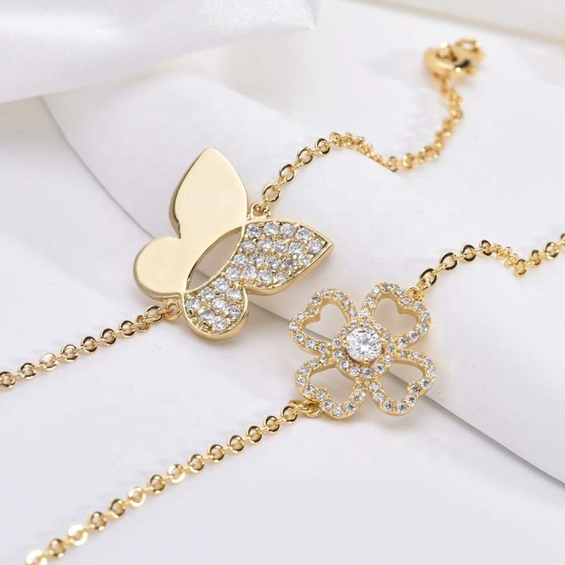Jiachen 18K Gold Plated Zinc Alloy Wrap Butterfly Four Leaves Bracelet Classic Brilliant Cut Zircon Encrusted Anniversary
