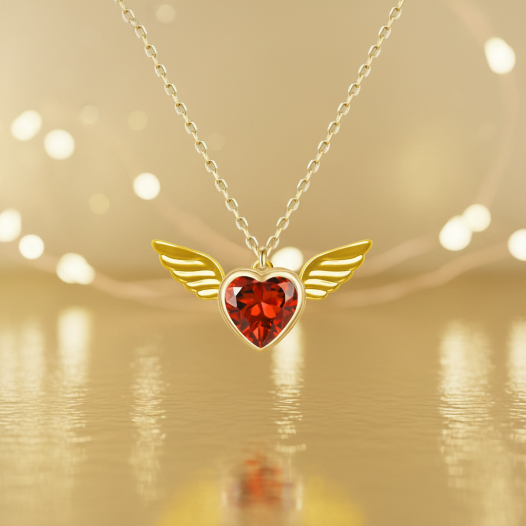Jiachen Custom Jewelry Waterproof 18K Gold Plated Stainless Steel Link Chain Angel Heart Red Zircon Pendant Necklace Unisex Gift