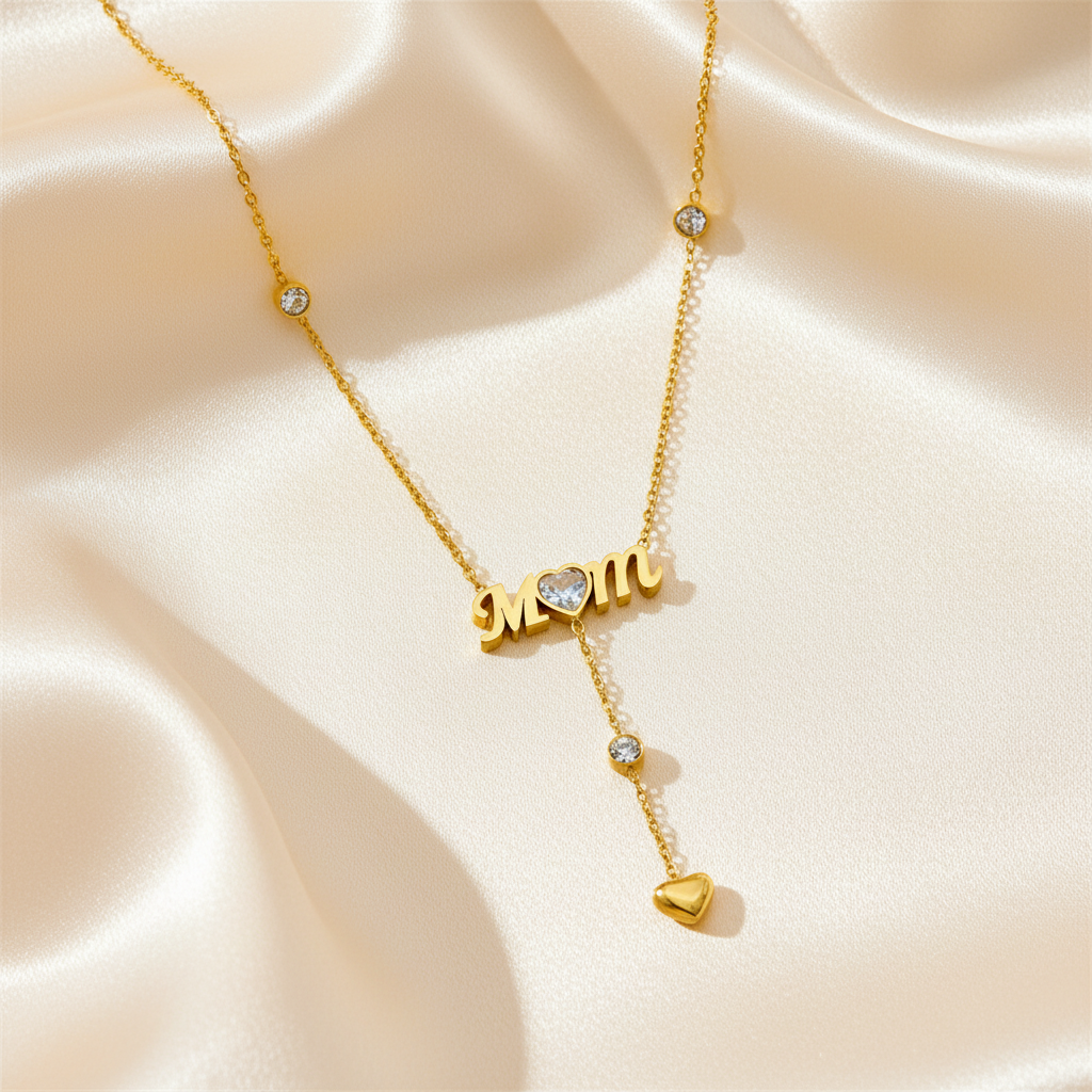 Jiachen Custom Jewelry Women's Zircon Link Chain 18k Gold Plated Stainless Steel Mom Heart Pendant Necklace Mother's Day Gift