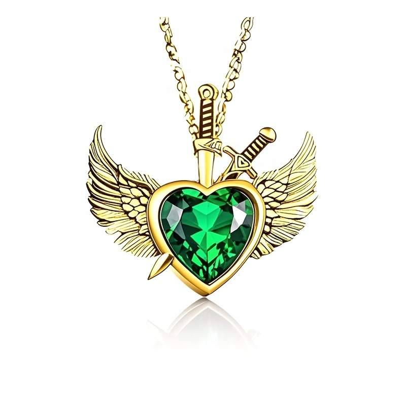 Jiachen Custom New Stainless Steel Exquisite Green Zircon Orthodox Arrow 18K Gold Plated Europe America Style Pendant Necklace