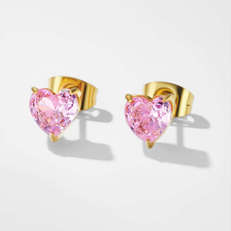 Jiachen Elegant Stainless Steel Zinc Alloy 18K Gold Plated Geometric Inlaid Heart-shaped Pink Natural Stone Trendy Stud Earrings