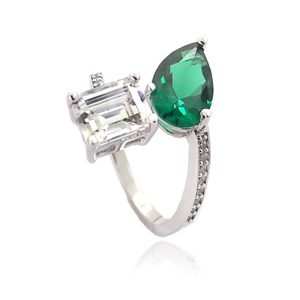 Jiachen New Adjustable Open Exquisit Emerald Cut Rhodium Plated Alloy Zirconia Trendy Cocktail Ring for Unisex Anniversary