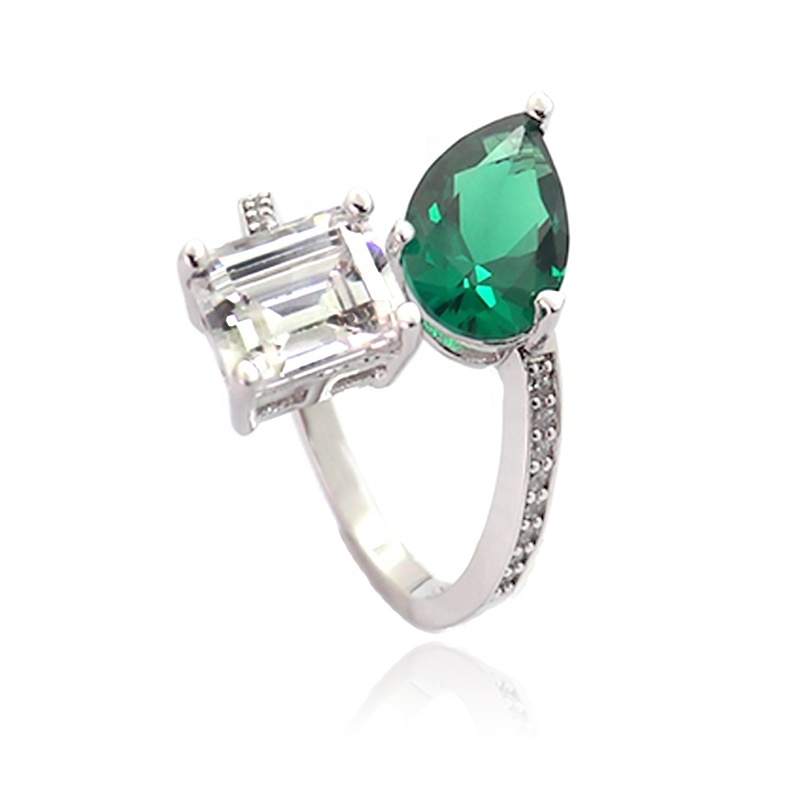 Jiachen New Adjustable Open Exquisit Emerald Cut Rhodium Plated Alloy Zirconia Trendy Cocktail Ring for Unisex Anniversary