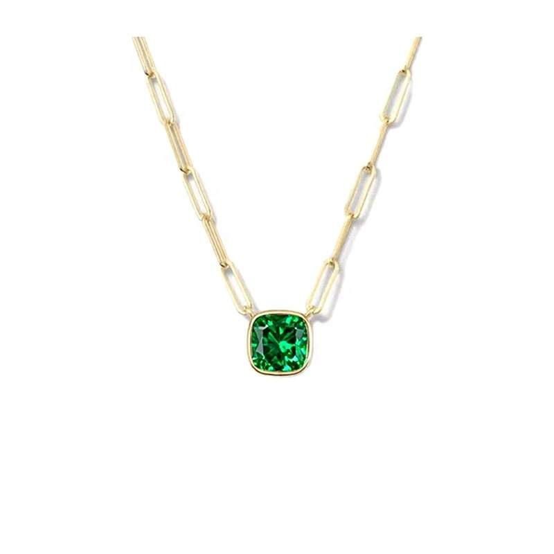 Jiachen New Trendy Brass Zinc Alloy Rhodium 18K Gold Plated Square Cushion Bezel Setting Emerald CZ Pendant Paper Clip Necklace