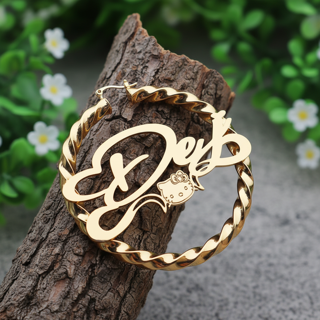 Jiachen Trendy Customizable Tungsten Hoop Earrings Coarse Thread DIY English Letter Cat Pattern Unisex Source Factory