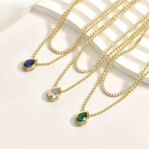 Necklace 18K Gold Plated Geometric Trendy Zircon Custom Unisex Anniversary Gift Pendant Two Rows Pear Shape Brass Beads Bezel