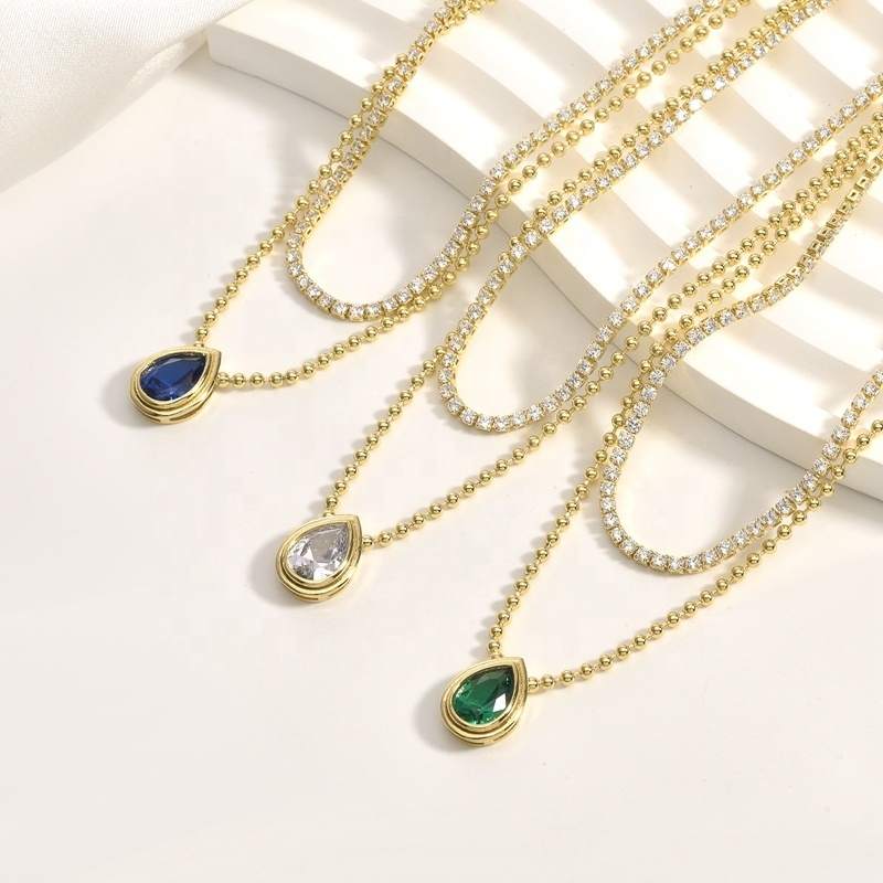 Necklace 18K Gold Plated Geometric Trendy Zircon Custom Unisex Anniversary Gift Pendant Two Rows Pear Shape Brass Beads Bezel