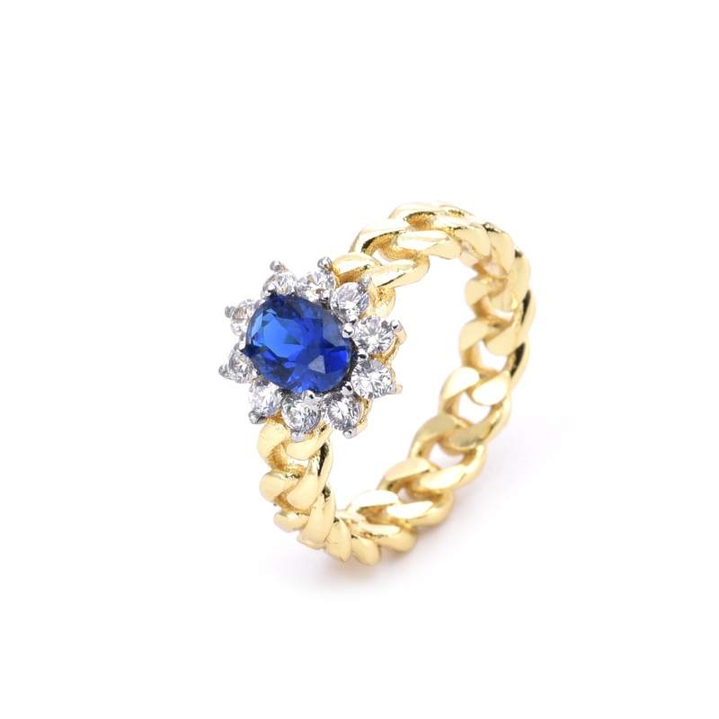 New Fashion Brass 18K Gold Plated Geometric Cuban Chain Trendy Zircon Hip Hop Engagement Wedding Ring Women Oval Cut Claw