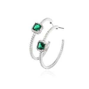 New Trendy Orthodox Brass Geometric Rhodium Plated Emerald Cushion Cut Bigger Hoop Earrings Unisex Wedding