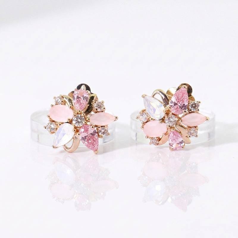 ODM/OEM Custom Classic Flower Pink Opal 18K Gold Plated Clip-on Earrings for Unisex