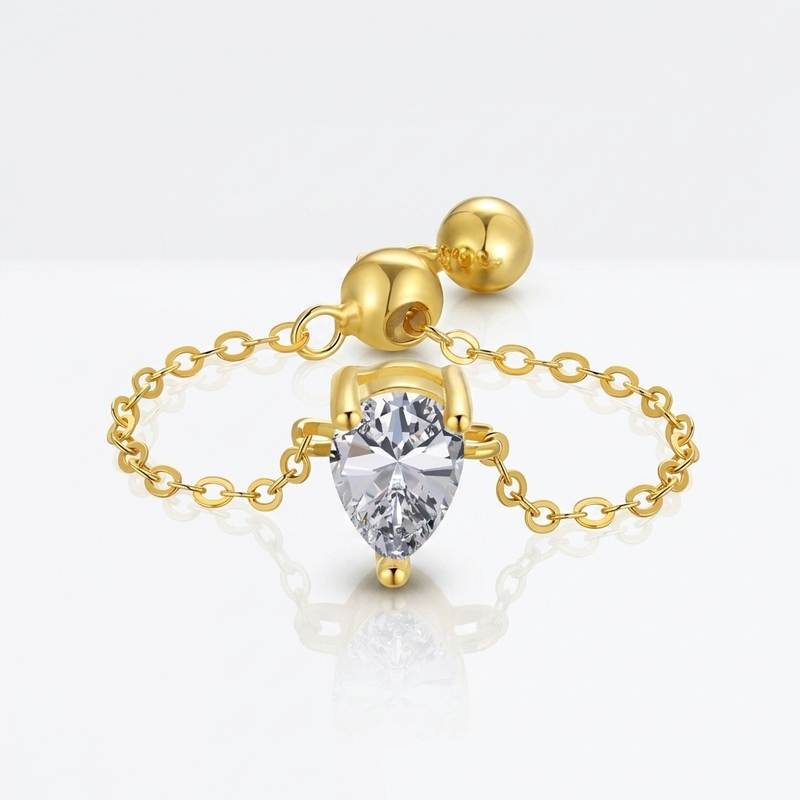 ODM OEM Custom Jewelry 3A Zircon Copper Chain Ring with Pearl Water-drop Shapes Adjustable Fashion Jewelry Ring for Women