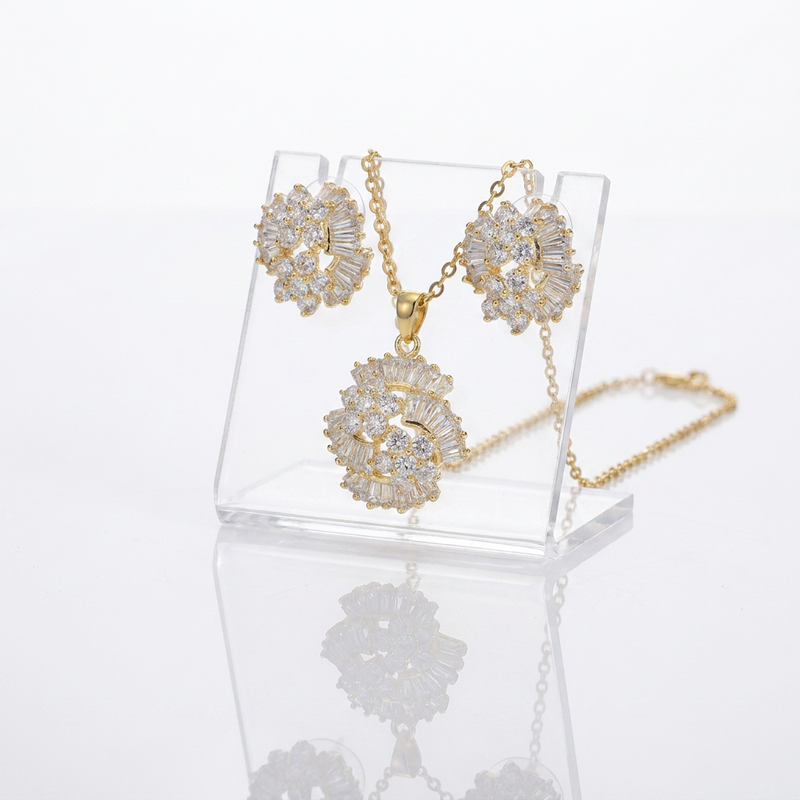 Ready to Ship Copper Flower Cubic Zirconia Jewelry Set Gold Plated Necklace Earrings Set Luxury Women Wedding Party Jewelry