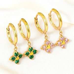 Stainless Steel Hoop Earrings New Four-leaf Flower Design Natural Stone 18K Gold Plated Women's Jewelry Simple Dangle Earrings