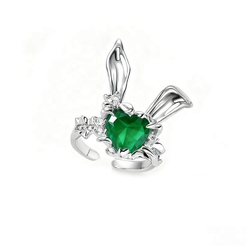Sweet Cute Cool Vintage Alloy Silver Plated Folding Ear Rabbit Pink Zircon Love Open Ring Female Girl Fashion Exquisite Light