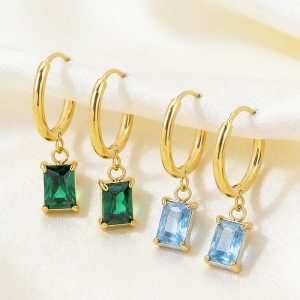 Unisex Trendy Ins Style Emerald Cut Zircon Claw Setting Pendant Earrings Stainless Steel Rectangular Stone Plated 18K Gold Niche