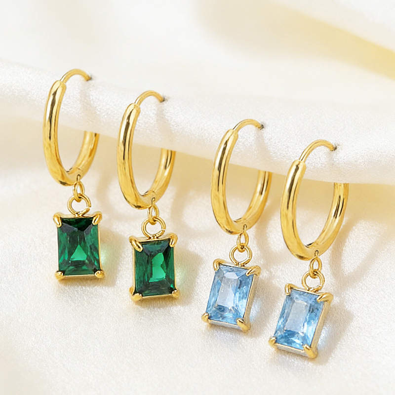 Unisex Trendy Ins Style Emerald Cut Zircon Claw Setting Pendant Earrings Stainless Steel Rectangular Stone Plated 18K Gold Niche
