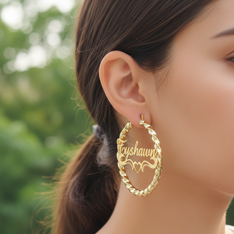 Women's Classic Stainless Steel Name Bold Threaded Custom English Letters Heart Hoop Earrings Rose Gold